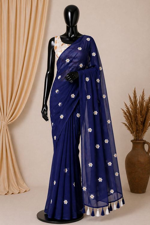 Elegant Georgette Saree with Intricate Embroidery & Fumka Pallu