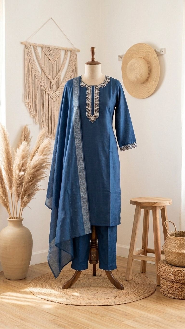 ✨ Elegant 3 Pc Cotton Suit Set | Embroidered Kurta with Chanderi Dupatta | Summer Collection 🌸