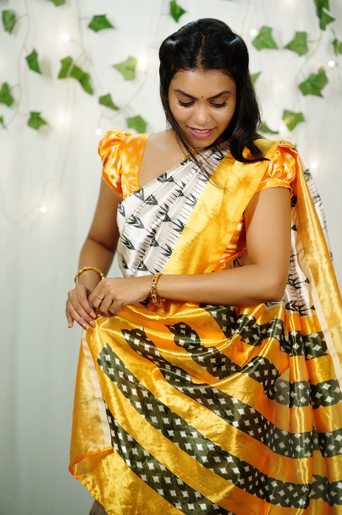 Golden Yellow Designer Saree with Black Woven Stripe Pattern