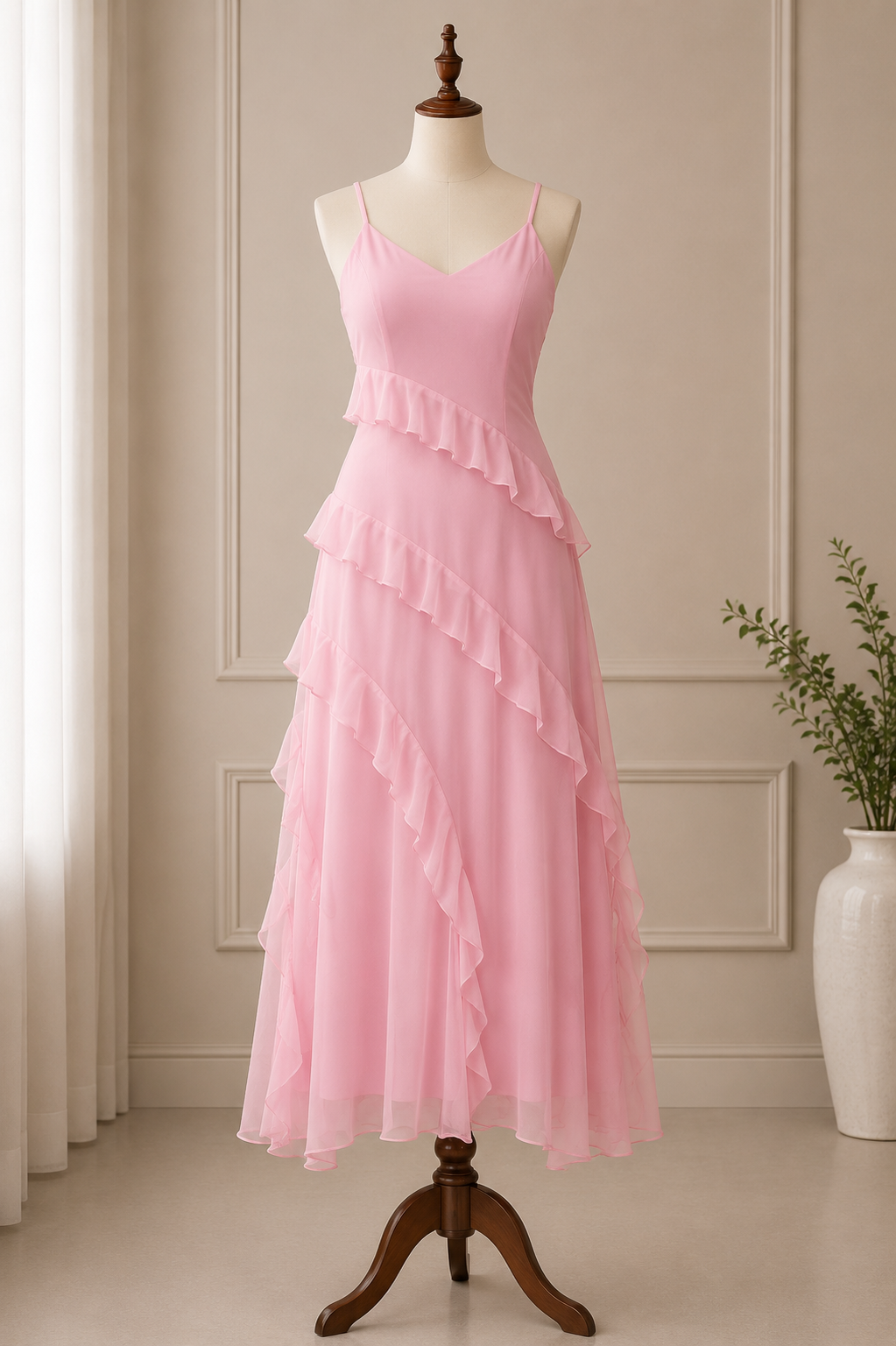Elegant Ruffled Chiffon A-Line Midi Dress💕