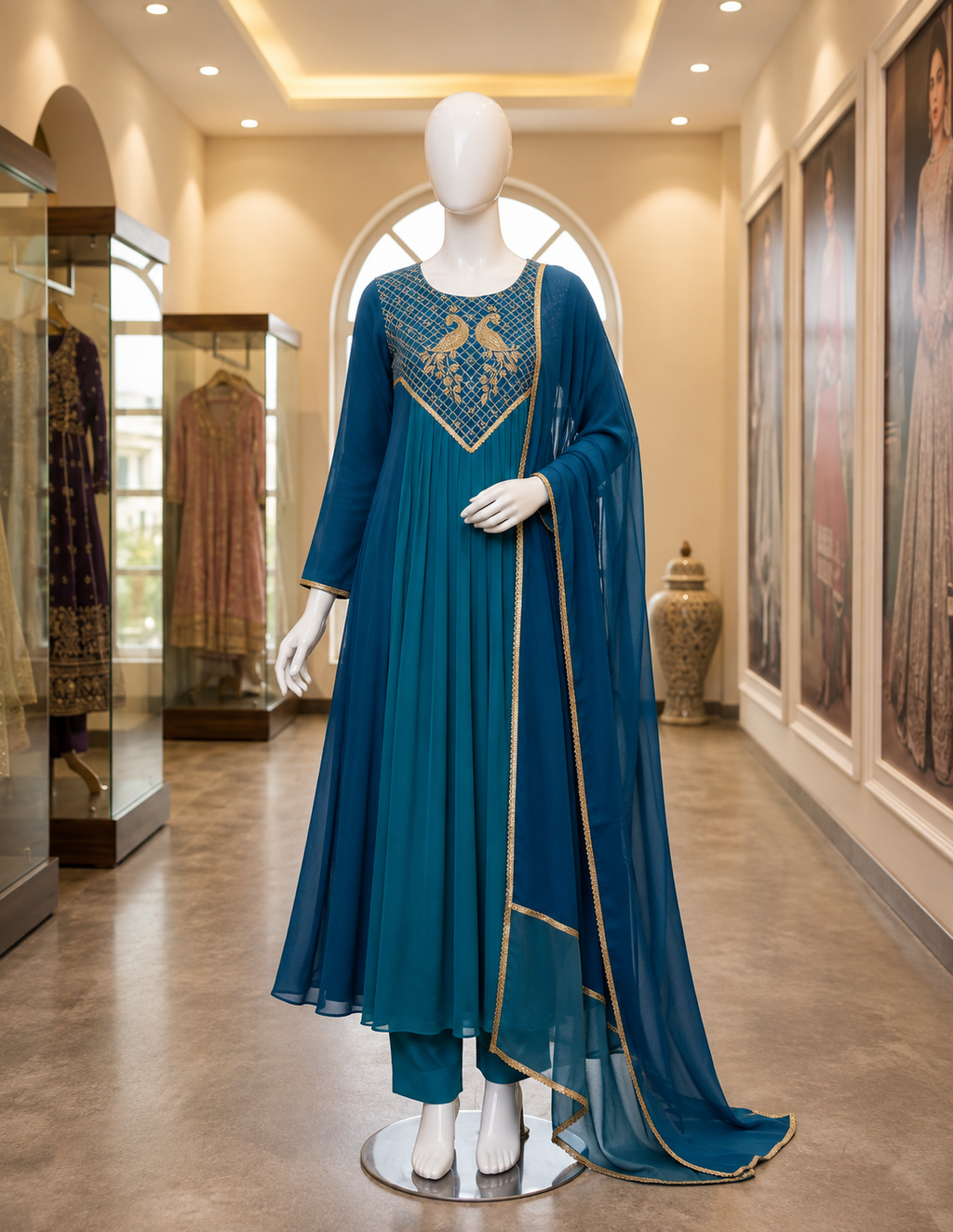 Festive Mul Chanderi Kurti, Pant & Dupatta Set with Cording & Sequin Embroidery