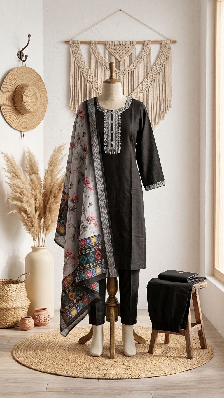 ✨ Elegant 3 Pc Cotton Suit Set | Embroidered Kurta with Chanderi Dupatta | Summer Collection 🌸
