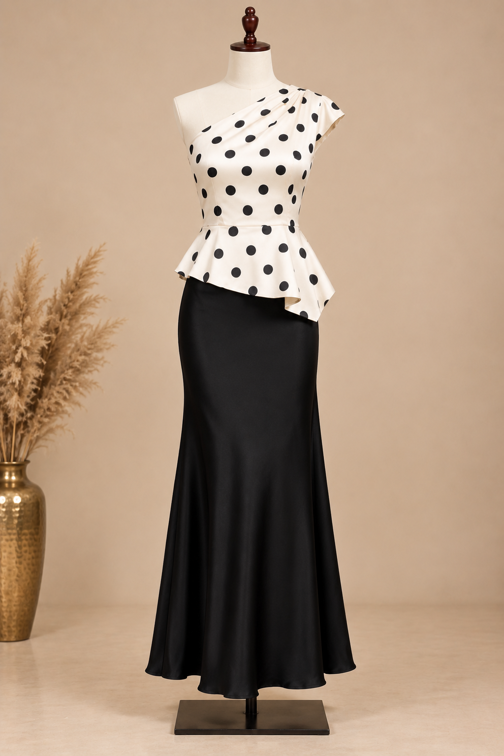 Ivory Polka Dot Asymmetric Peplum Co-ord Set