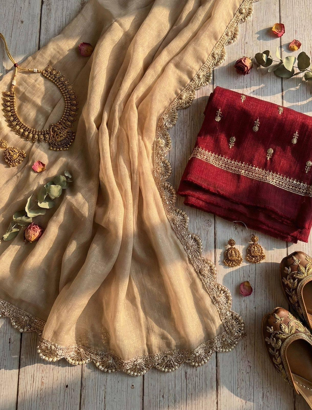 Barely Cherry 🍒 Elegant Lace Border Crunchy Saree with Silk Blouse