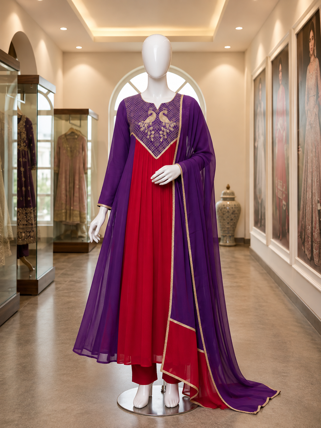 Festive Mul Chanderi Kurti, Pant & Dupatta Set with Cording & Sequin Embroidery