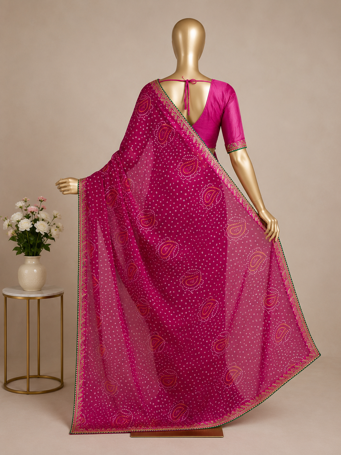 Pink Bandhani Pure Georgette Saree with Embroidered Border