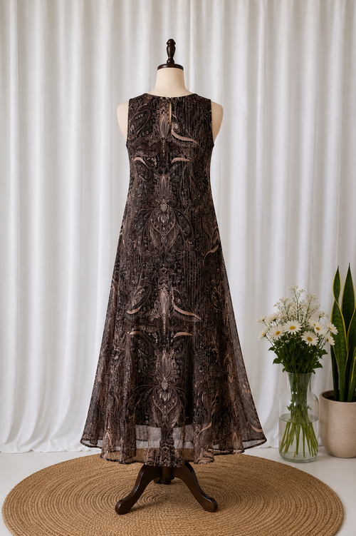 Brown Paisley Print Georgette Maxi Dress