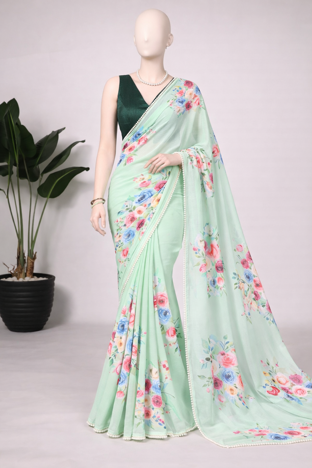 NIRA Floral Weightless Saree with Pearl Border | Lightweight Designer Saree
