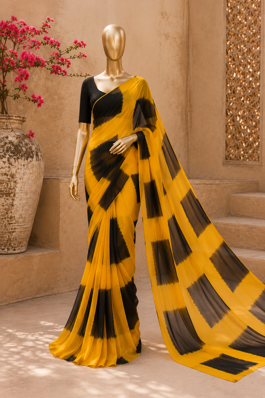 Sunshine Yellow Bandhani Digital Print Chiffon Saree