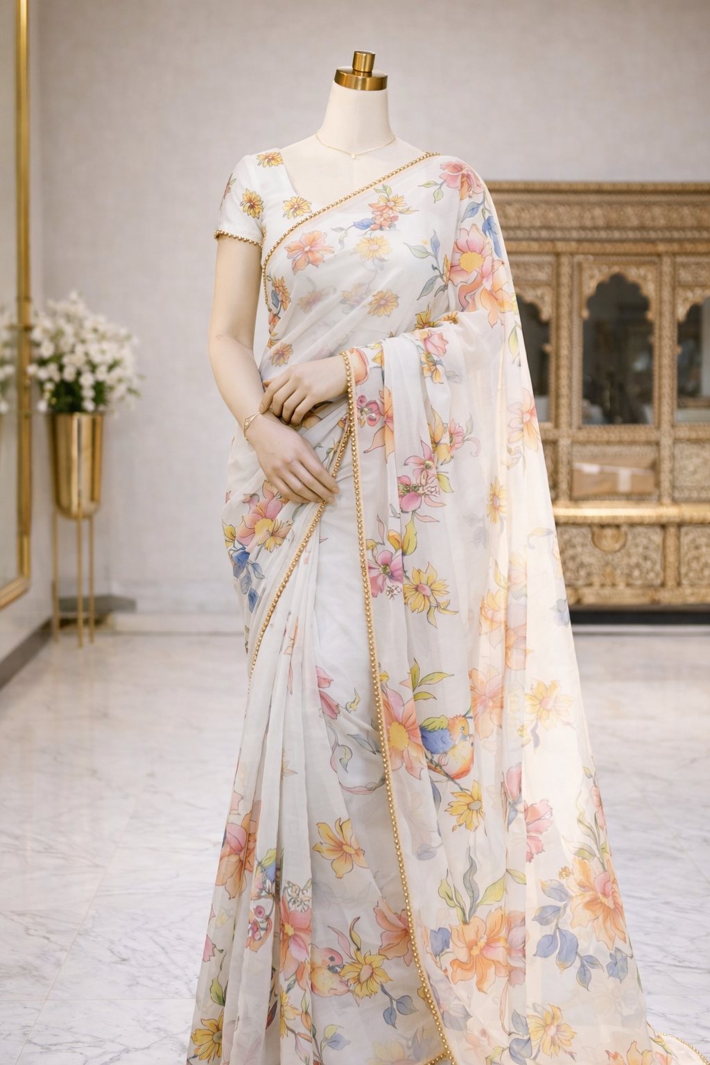 Elegant Soft Georgette Digital Print Saree with Pearl Lace Border