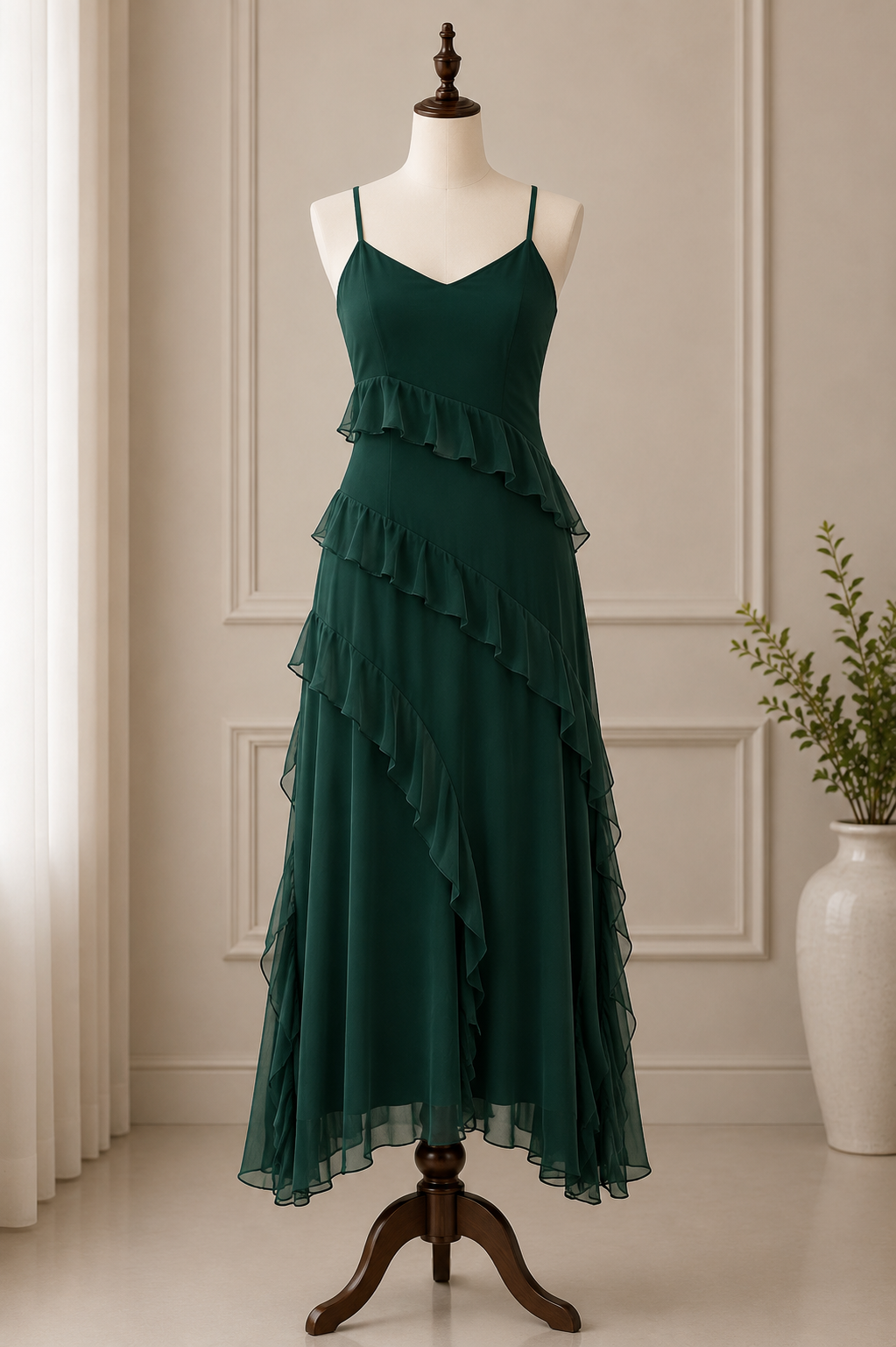 Elegant Ruffled Chiffon A-Line Midi Dress💕