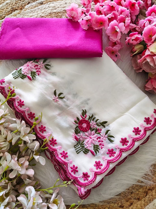 Premium Star Georgette Saree with Multi Floral Butti Embroidery & Scallop Border