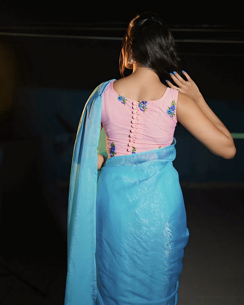 Sky Blue Soft Organza Saree with Net Embroidered Blouse
