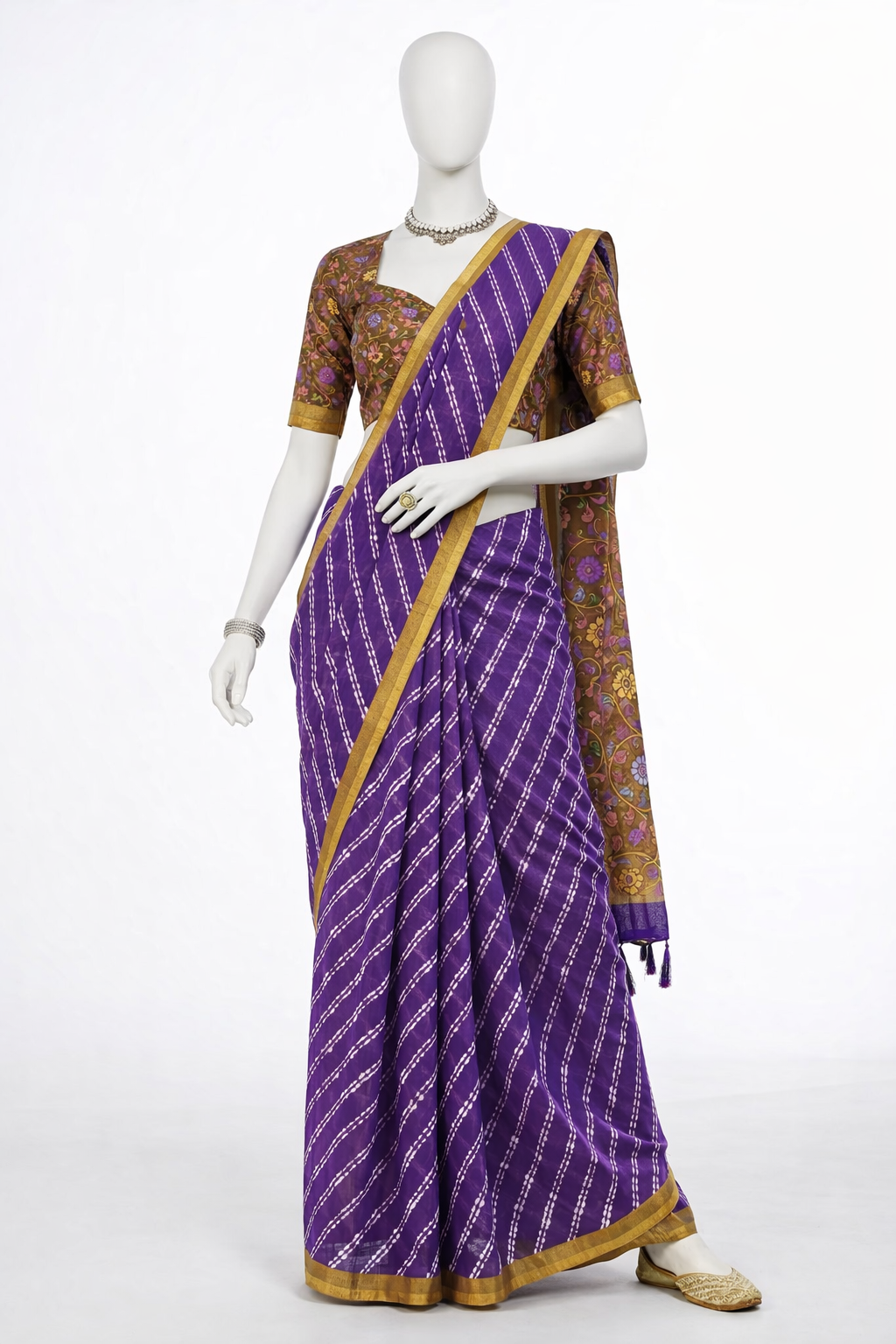 LAXMI GOLD Floral Linen Saree with Tassel Border