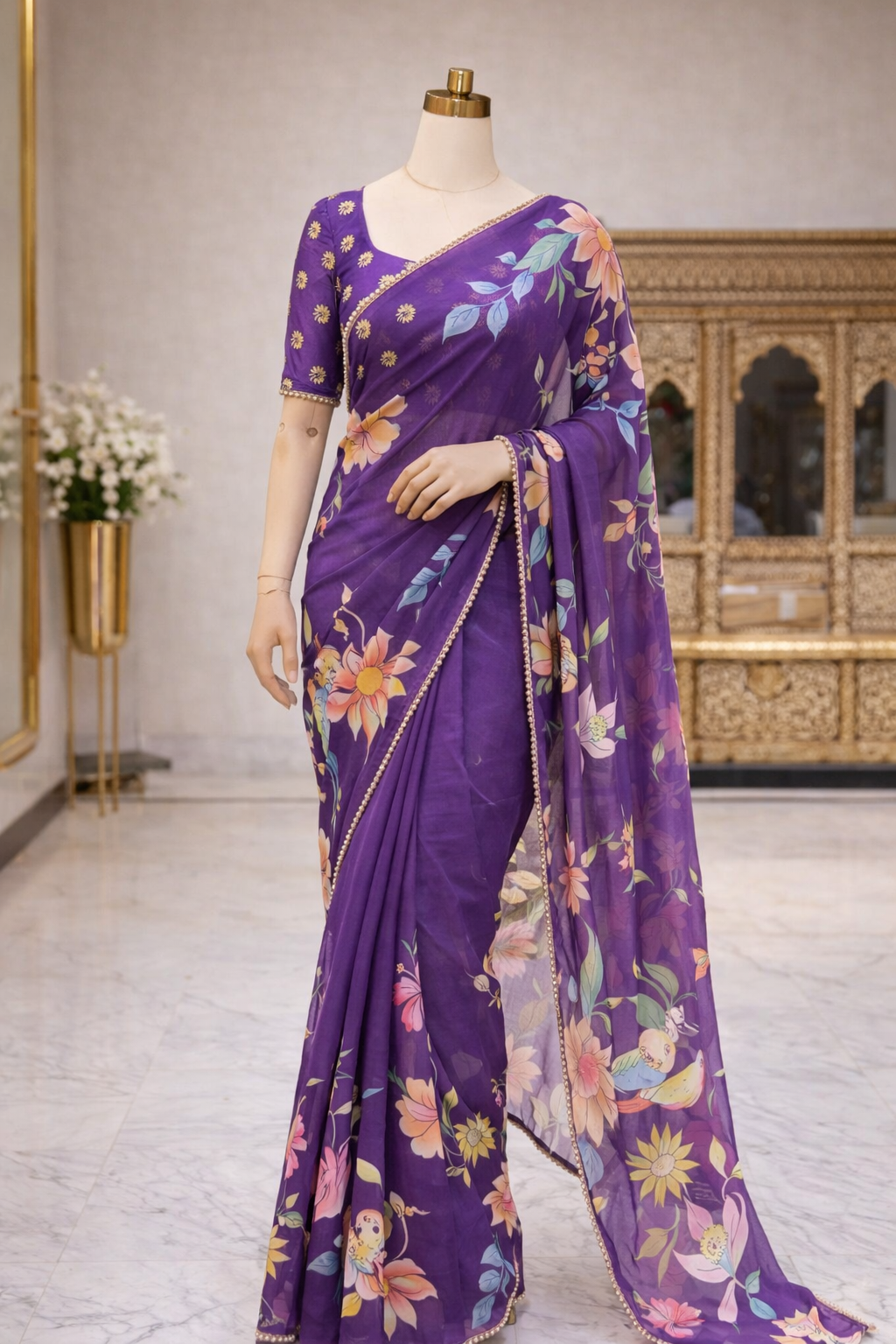 Elegant Soft Georgette Digital Print Saree with Pearl Lace Border