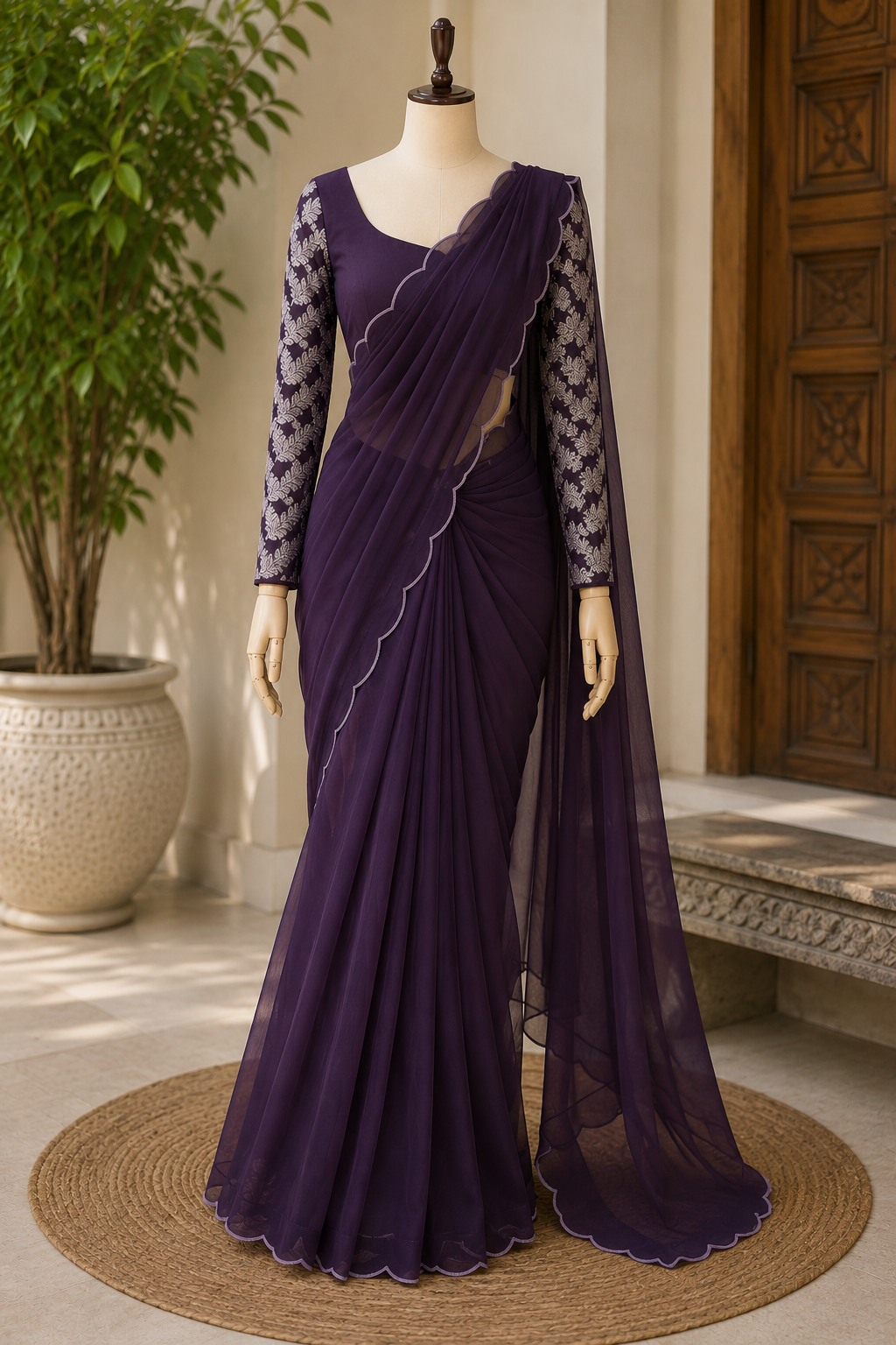 Elegant Georgette Saree with Lace Border & Embroidered Blouse🩵