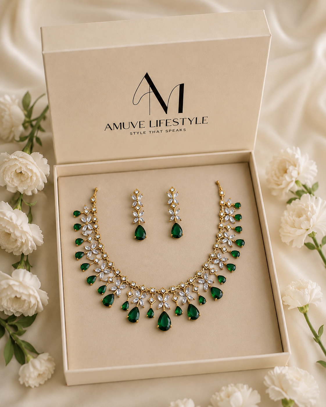 Emerald Floral Premium Jewellery Set