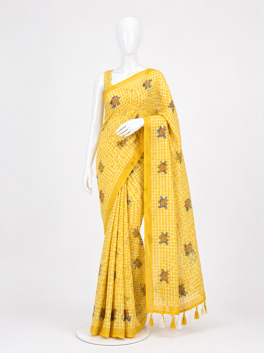 Soft Linen Cotton Saree with Chex Print & Kalamkari Design