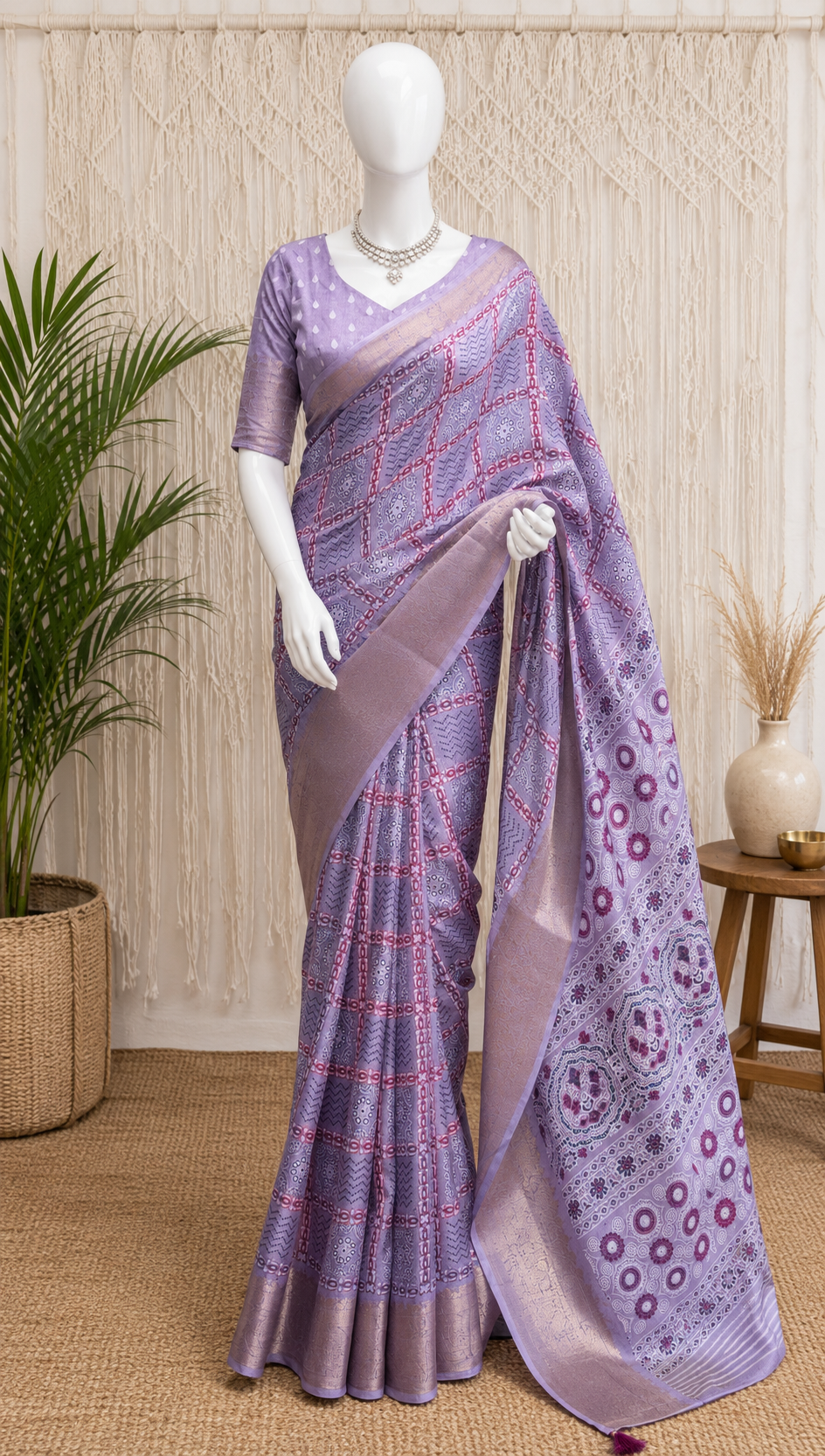 Designer Kitkat Ajrakh Printed Cotton Saree with Zari Border