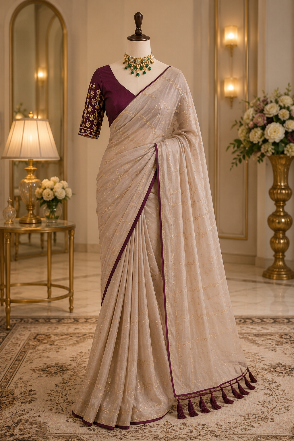 Elegant Cream Chiffon Saree with Embroidered Blouse