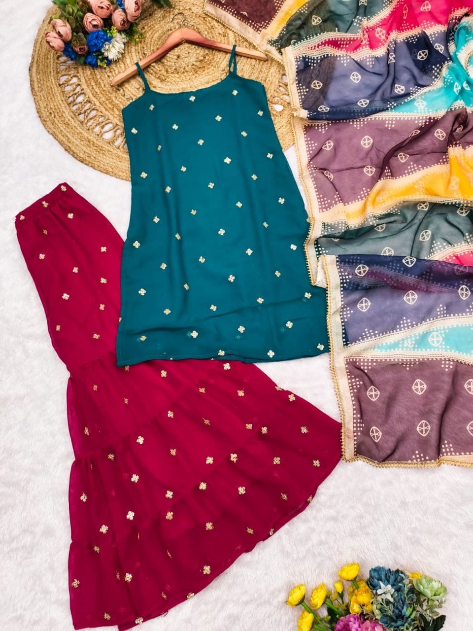 Malhari Sharara Set – Embroidery Sequence Georgette Sharara with Organza Dupatta