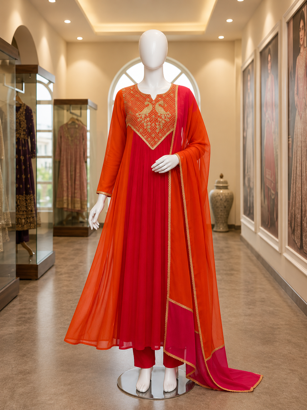 Festive Mul Chanderi Kurti, Pant & Dupatta Set with Cording & Sequin Embroidery