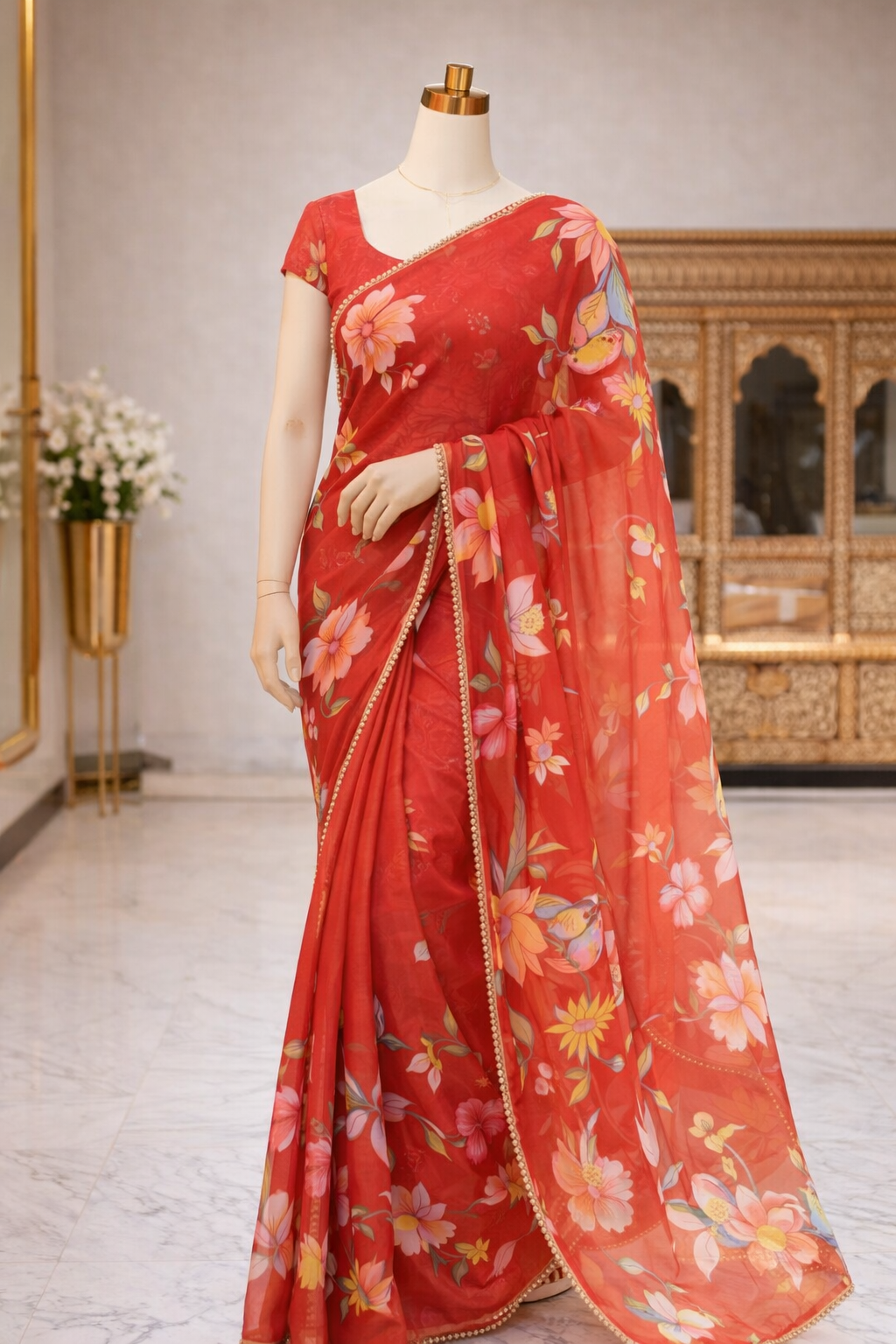 Elegant Soft Georgette Digital Print Saree with Pearl Lace Border