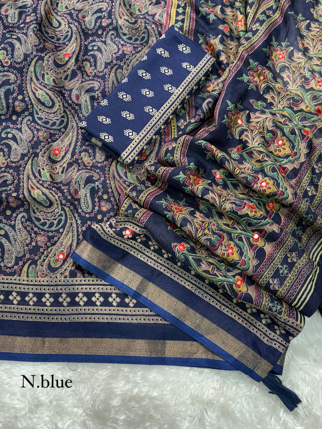 Designer Kalamkari Ajrakh Mul Cotton Saree with Mirror Work