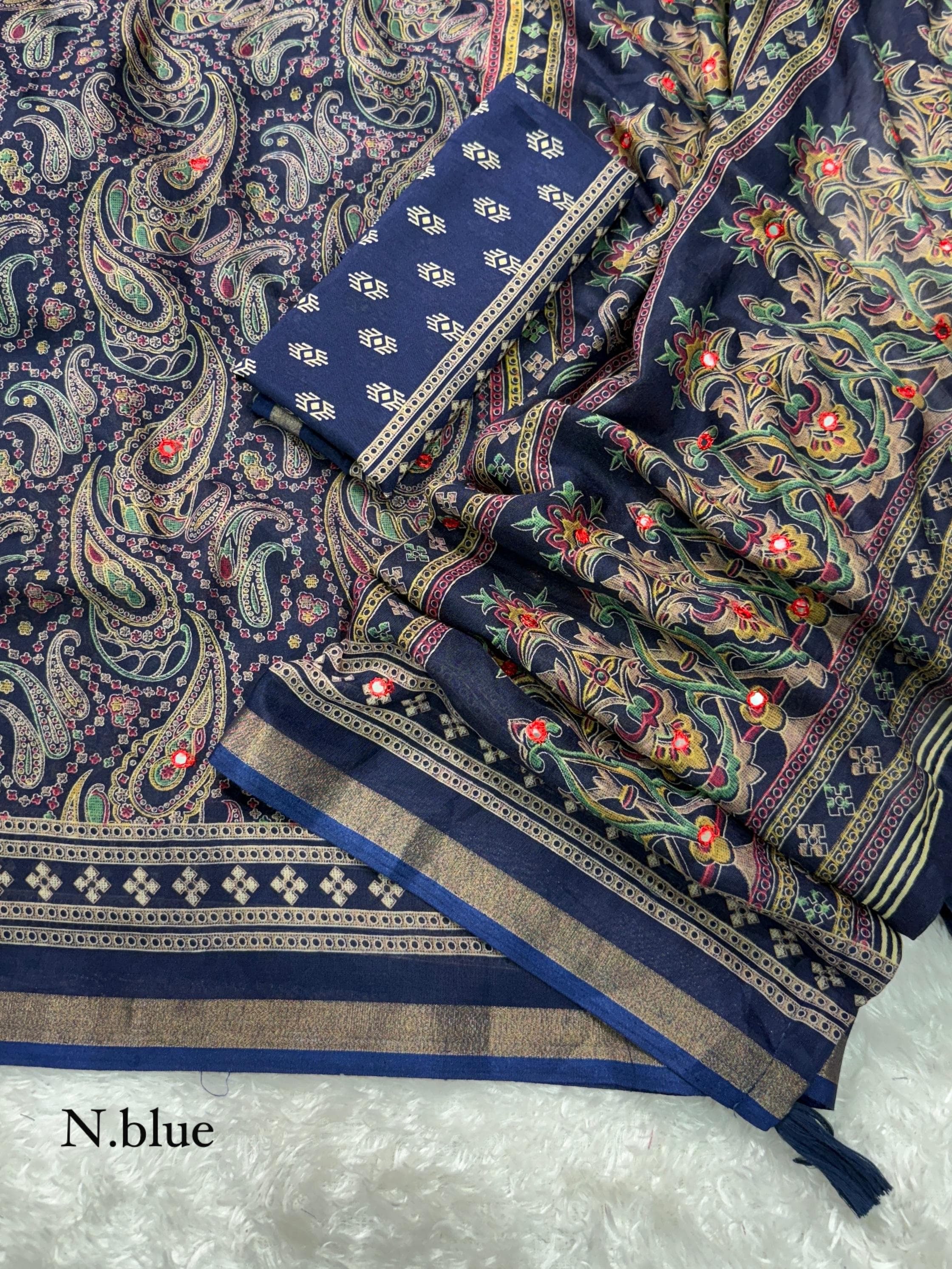 Designer Kalamkari Ajrakh Mul Cotton Saree with Mirror Work
