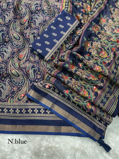 Designer Kalamkari Ajrakh Mul Cotton Saree with Mirror Work