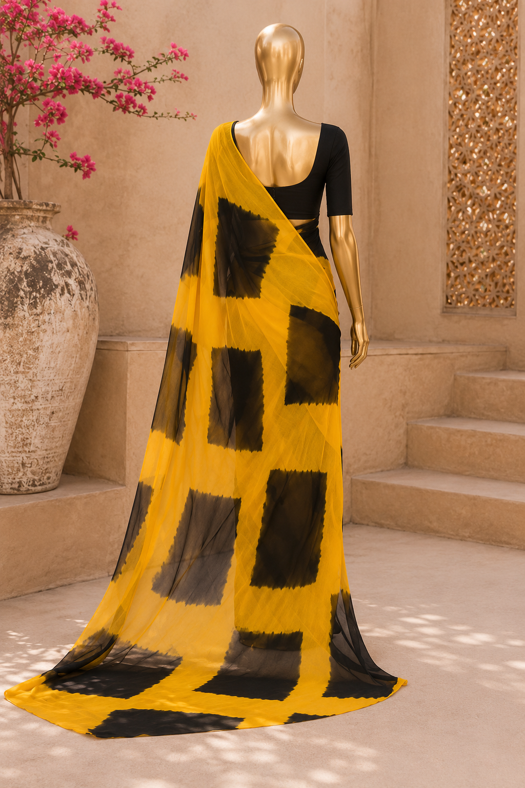 Sunshine Yellow Bandhani Digital Print Chiffon Saree