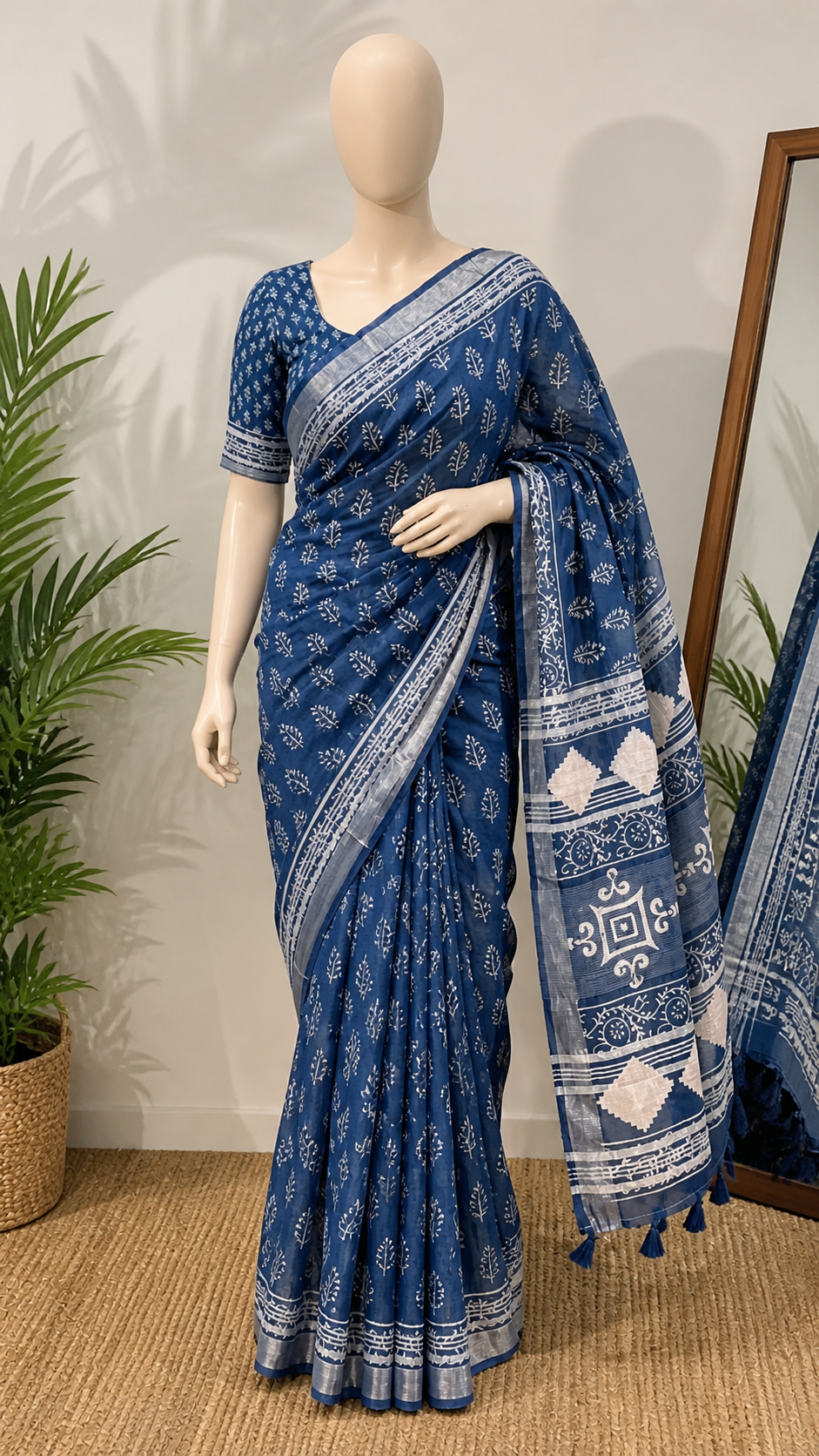 Linen with silver jari patta saree