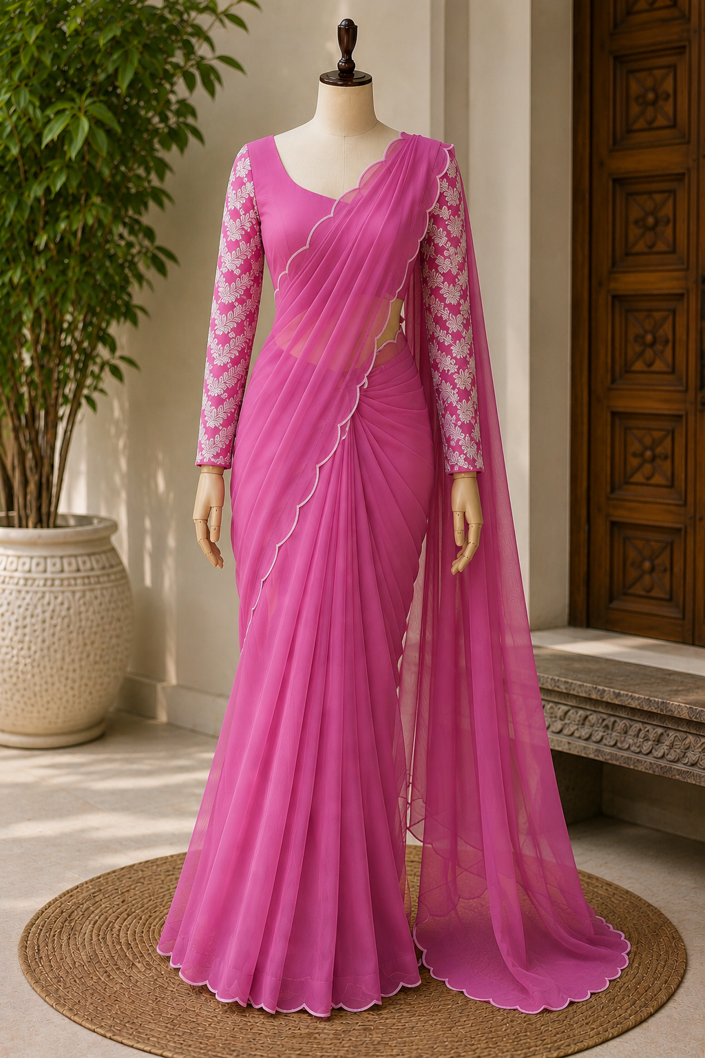 Elegant Georgette Saree with Lace Border & Embroidered Blouse🩵