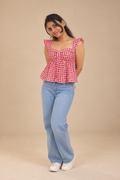 Red Gingham Ruched Peplum Top