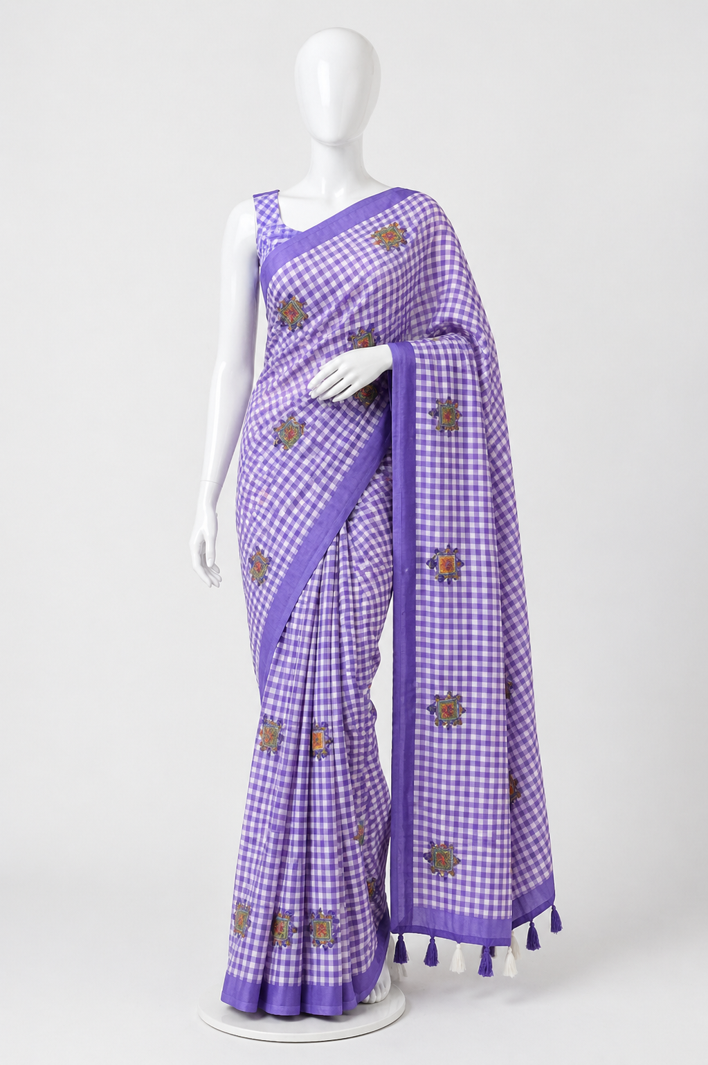 Soft Linen Cotton Saree with Chex Print & Kalamkari Design