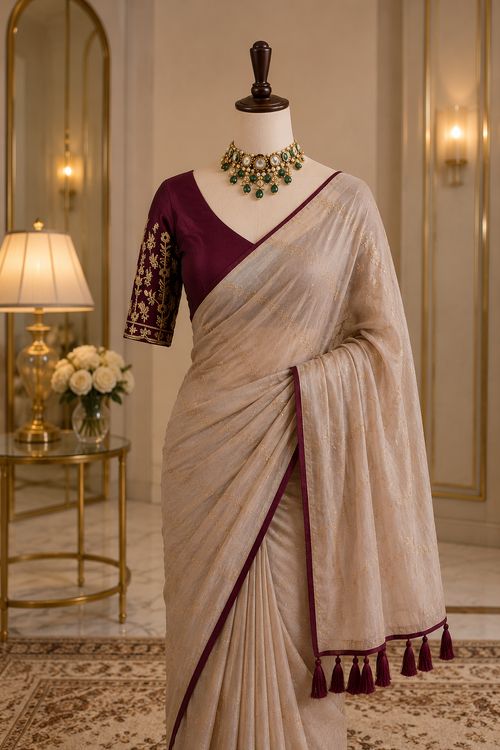 Elegant Cream Chiffon Saree with Embroidered Blouse