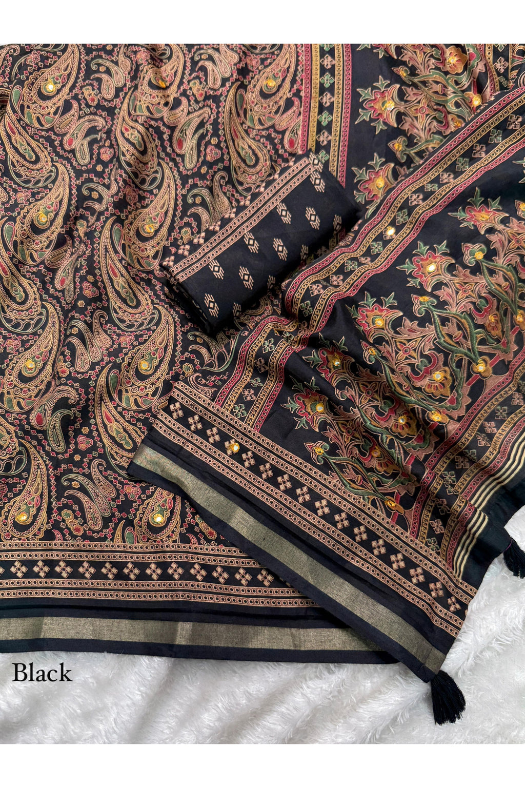 Designer Kalamkari Ajrakh Mul Cotton Saree with Mirror Work