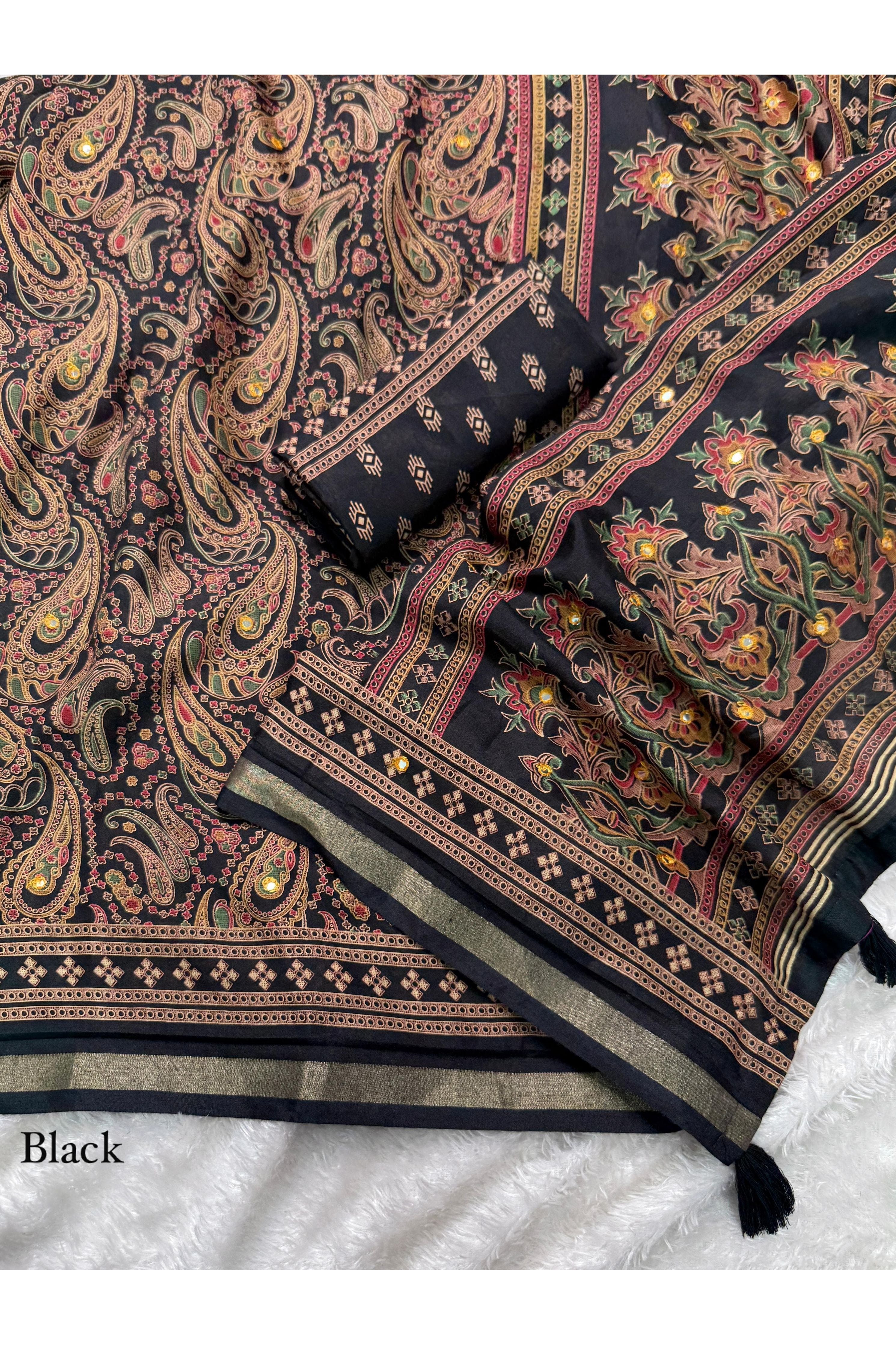 Designer Kalamkari Ajrakh Mul Cotton Saree with Mirror Work