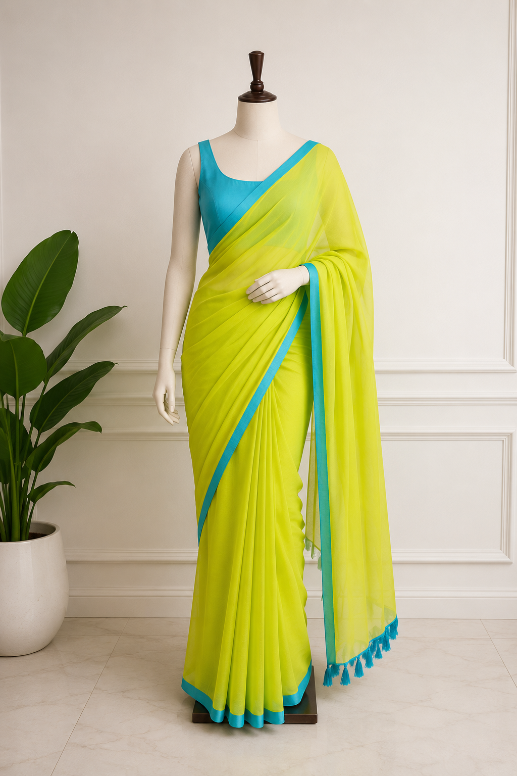Lime Green Khadi Cotton Saree with Blue Border🩵