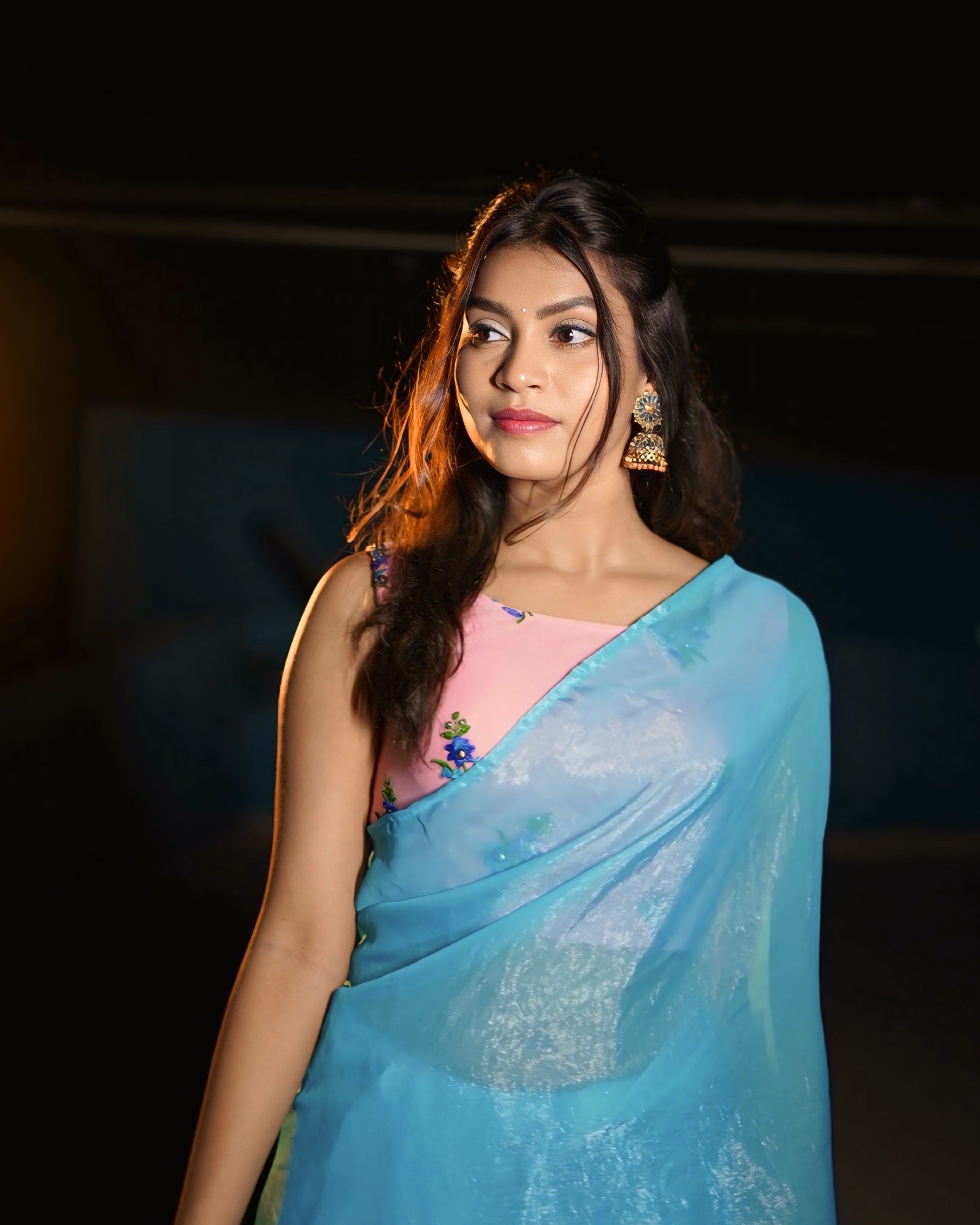 Sky Blue Soft Organza Saree with Net Embroidered Blouse