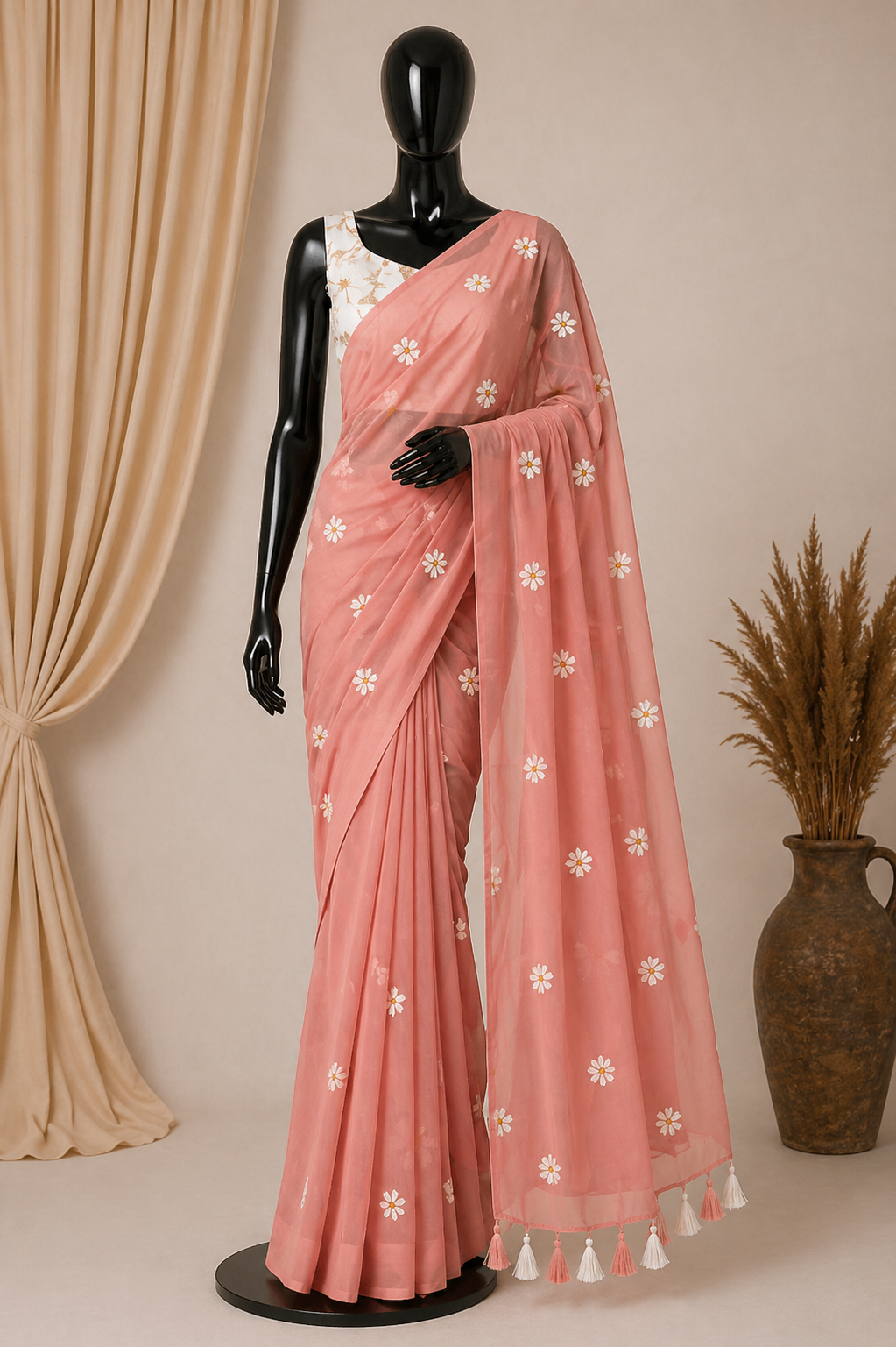 Elegant Georgette Saree with Intricate Embroidery & Fumka Pallu