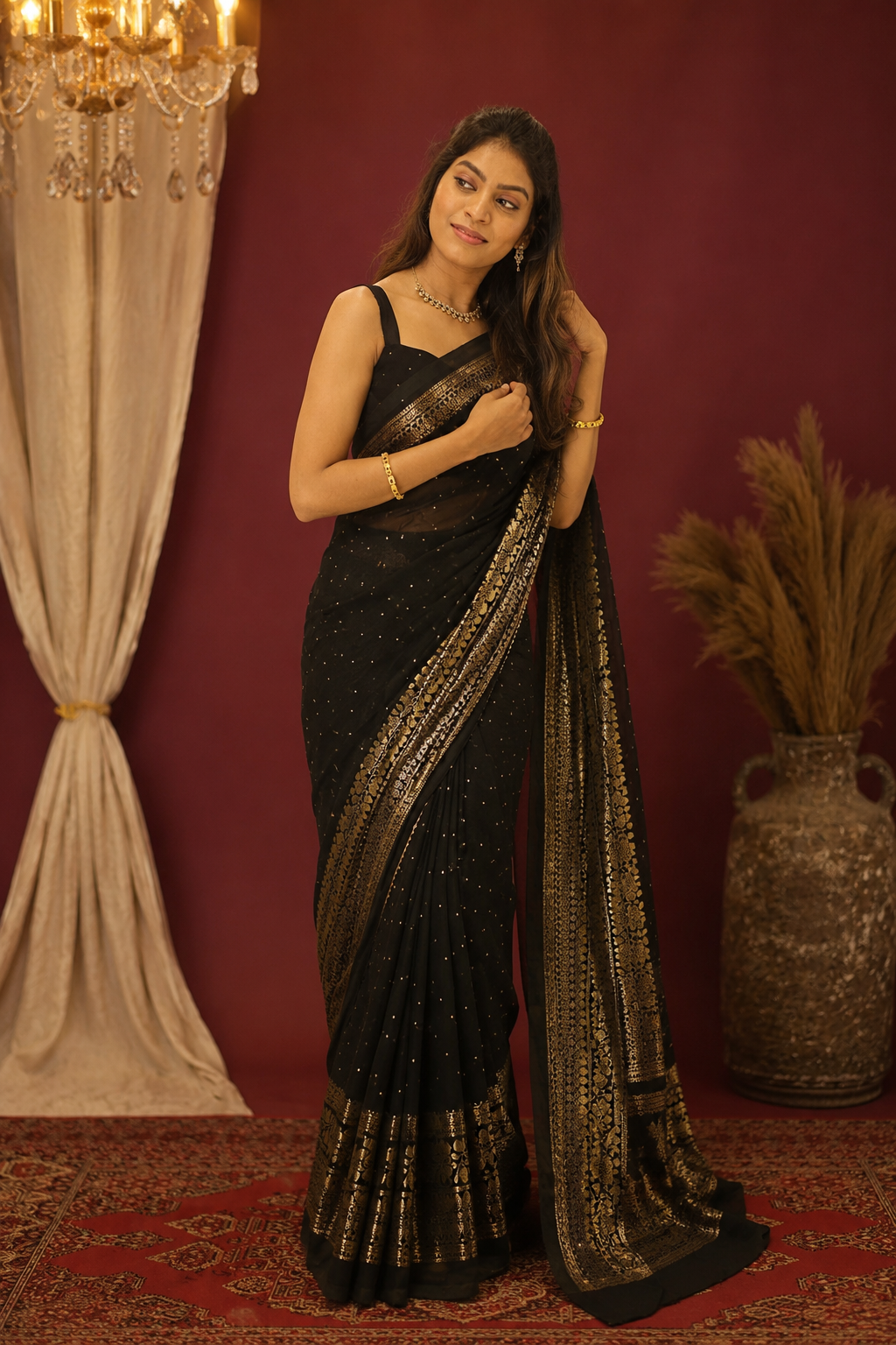 Black & Gold Woven Design Poly Georgette Saree with Zari Border