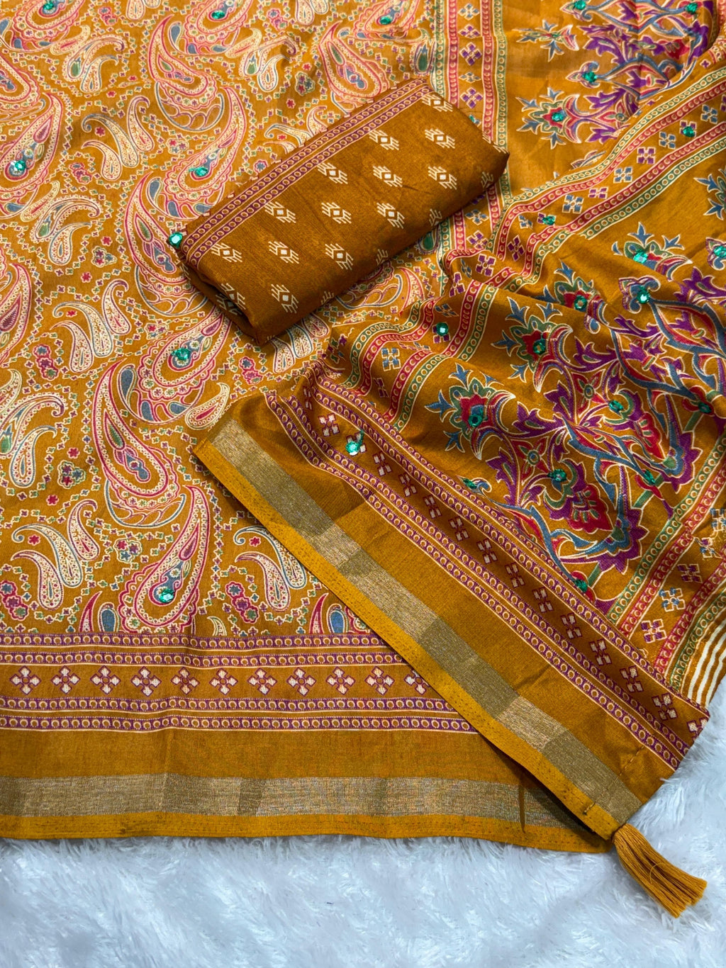 Designer Kalamkari Ajrakh Mul Cotton Saree with Mirror Work