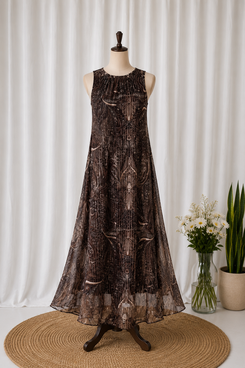 Brown Paisley Print Georgette Maxi Dress