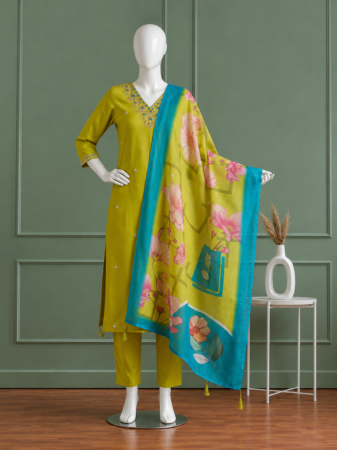 New Designer Kurti Pant Dupatta Set – Premium Rayon Slub Embroidery Collection