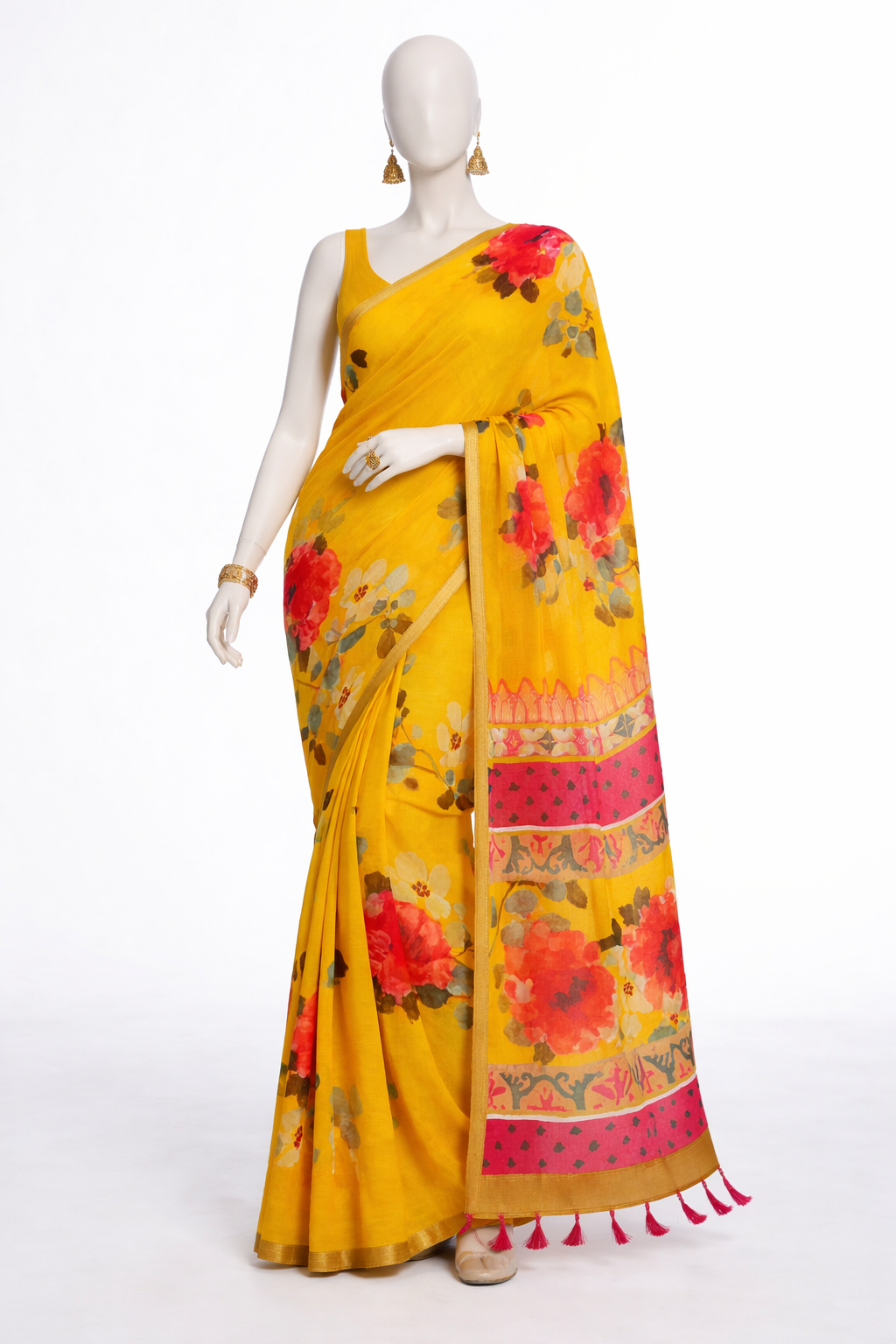 LAXMI GOLD Floral Linen Saree with Tassel Border
