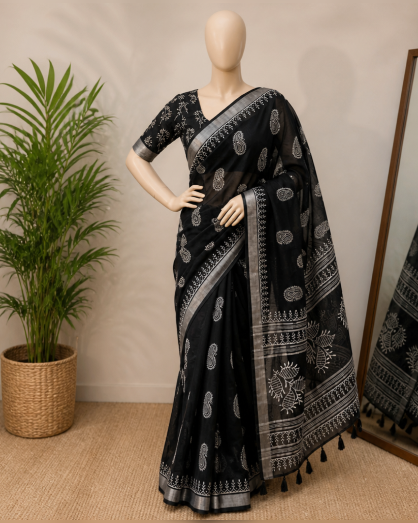 Linen with silver jari putta saree 💕