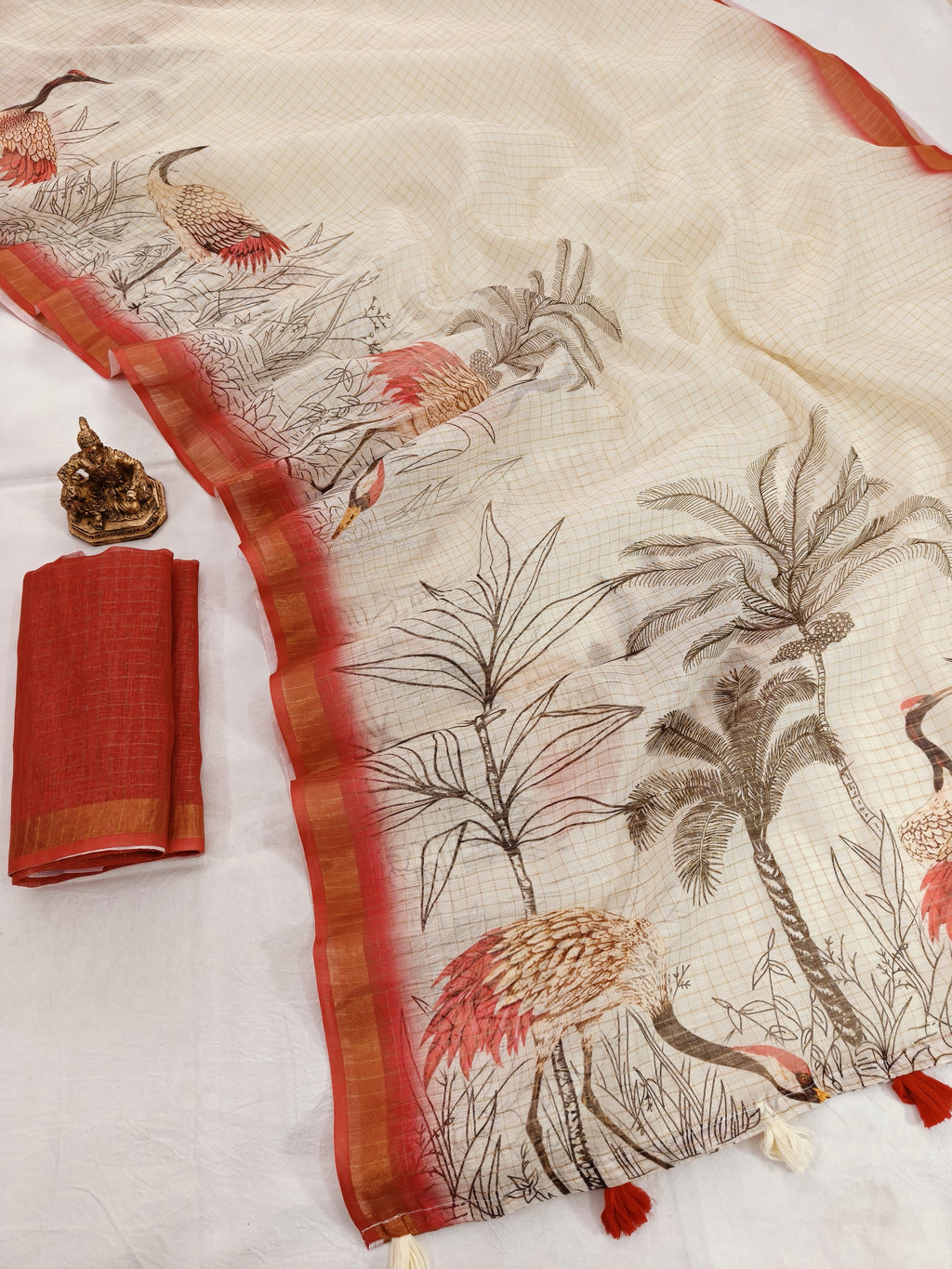 SWAN CHEX – Premium Linen Chex Saree with Floral Swan Digital Print & Zari Border