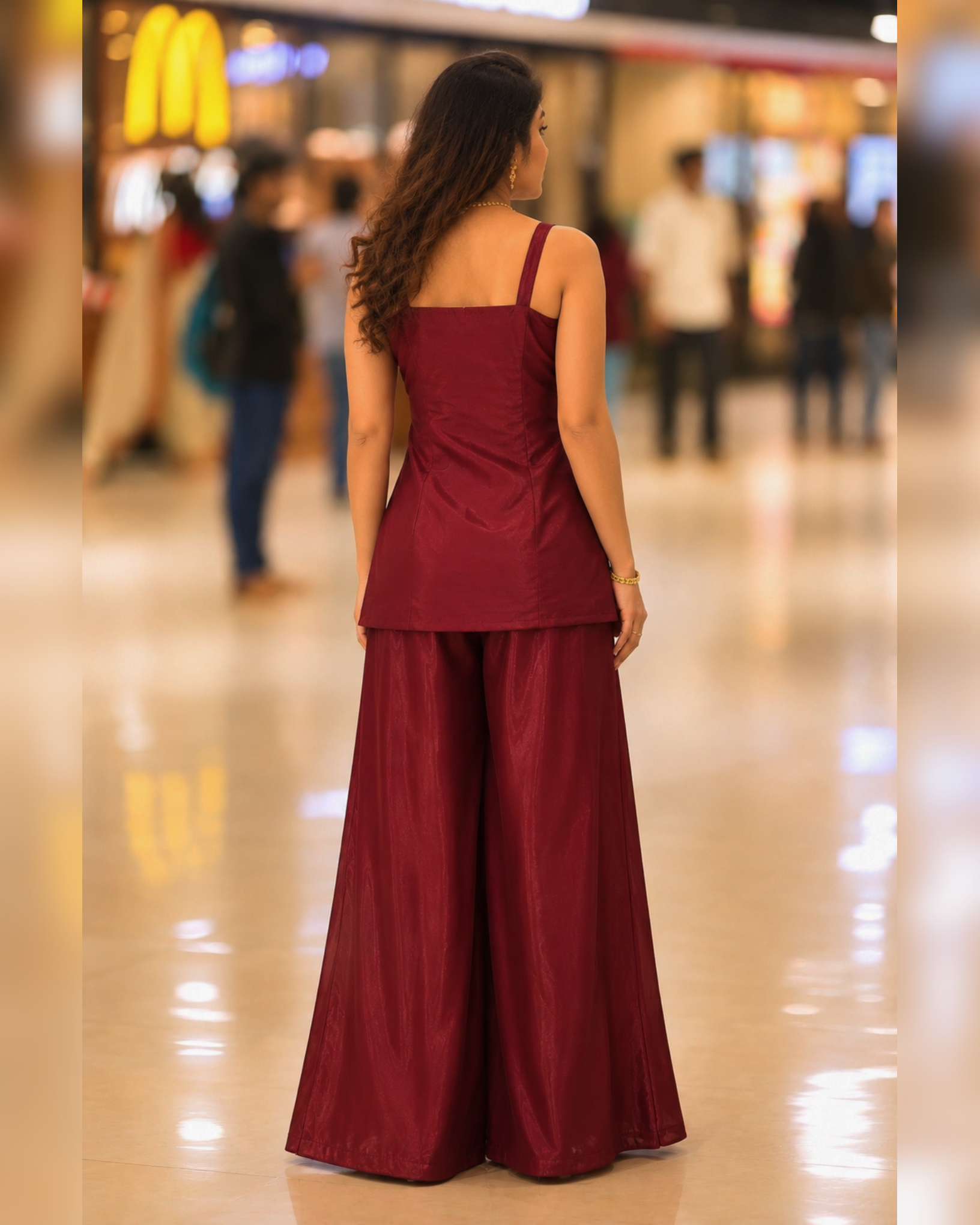 ✨ Maroon Embellished Co-Ord Set for Women | Premium Shimmer Silk Top & Palazzo