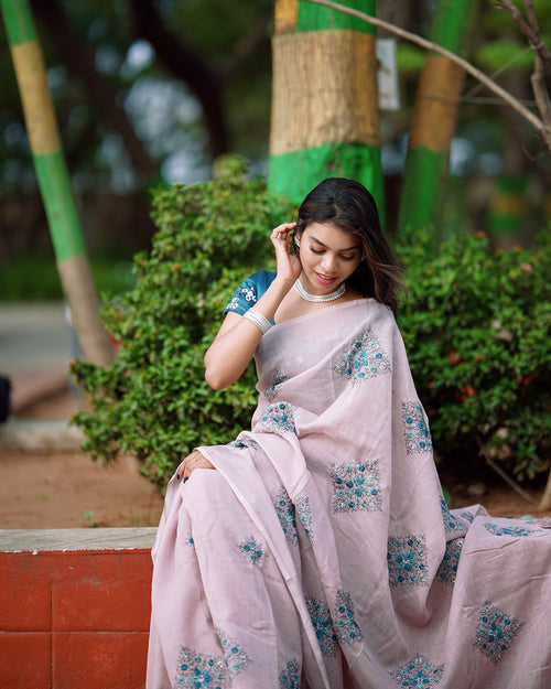 Premium Embroidered Silver Linen Saree with Zari Weaving & Phantom Silk Blouse